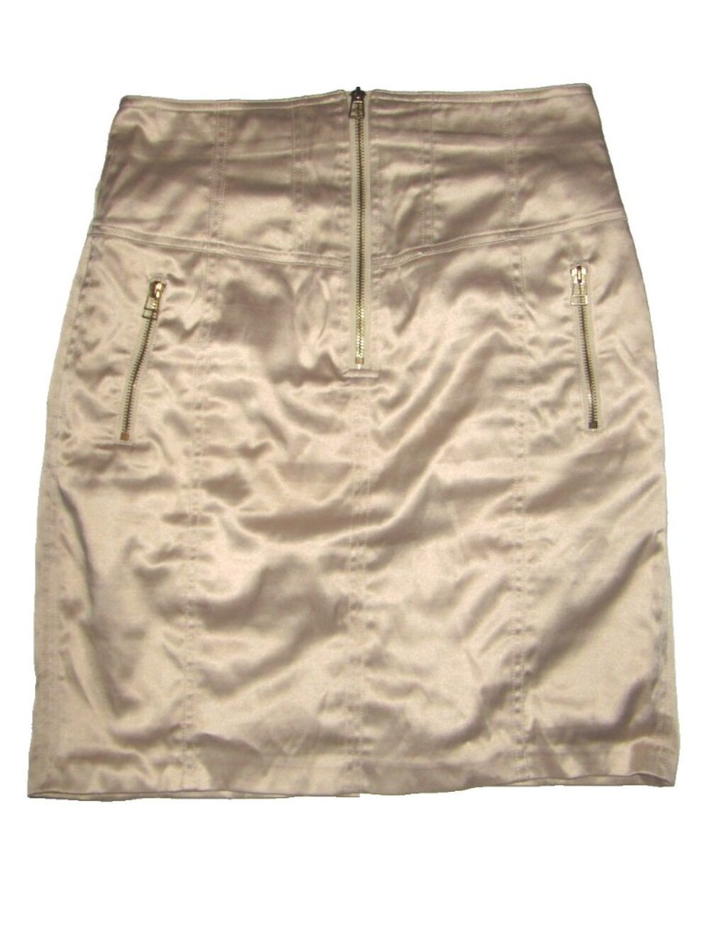Forever 21 XXI Gold Satin Stretch High Waist Pencil Skirt w/ Zipper Pockets, M